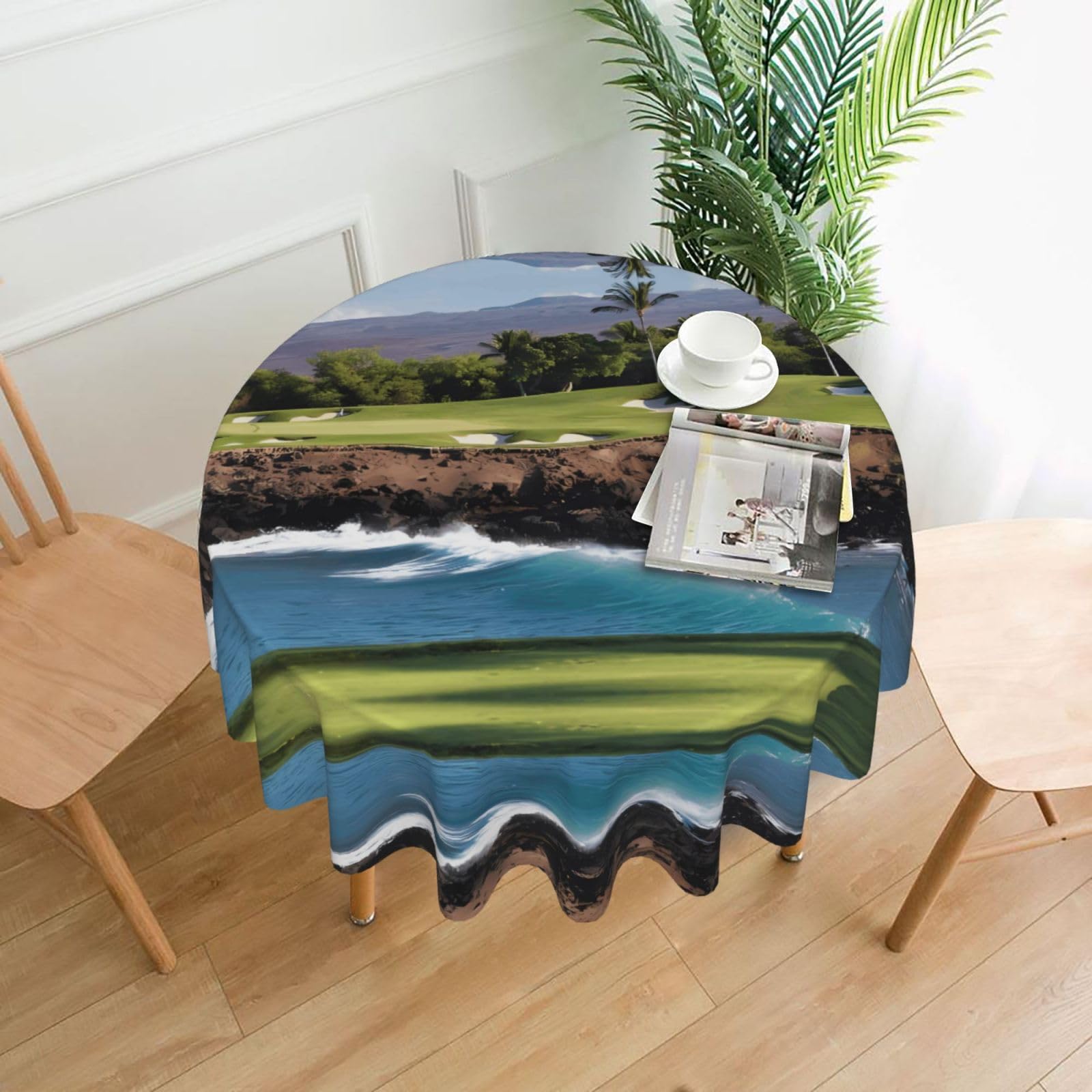 HJFCZH Hawaii Beach Golf Course Prints Round Decorative Tablecloth 60in - High-Grade Polyester Throw for Dinners, Weddings & Everyday Use