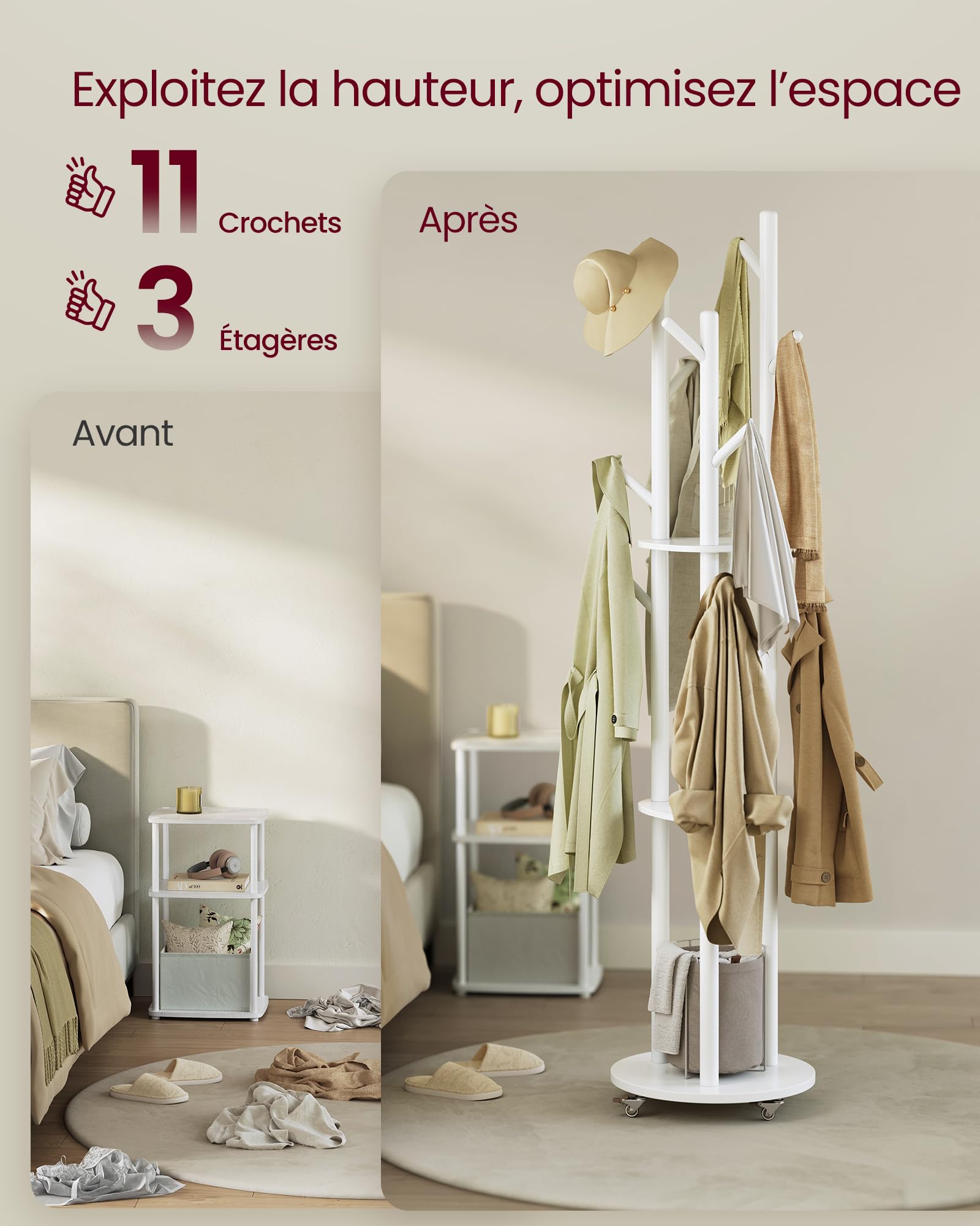 VASAGLE Portemanteau, avec 11 Crochets et 3 Étagères, 4 Roulettes Pivotantes à 360°, Mobile, Crochet et Poteau en Bois, pour Entrée, Chambre, Salon, Blanc Nuage RCR023W01
