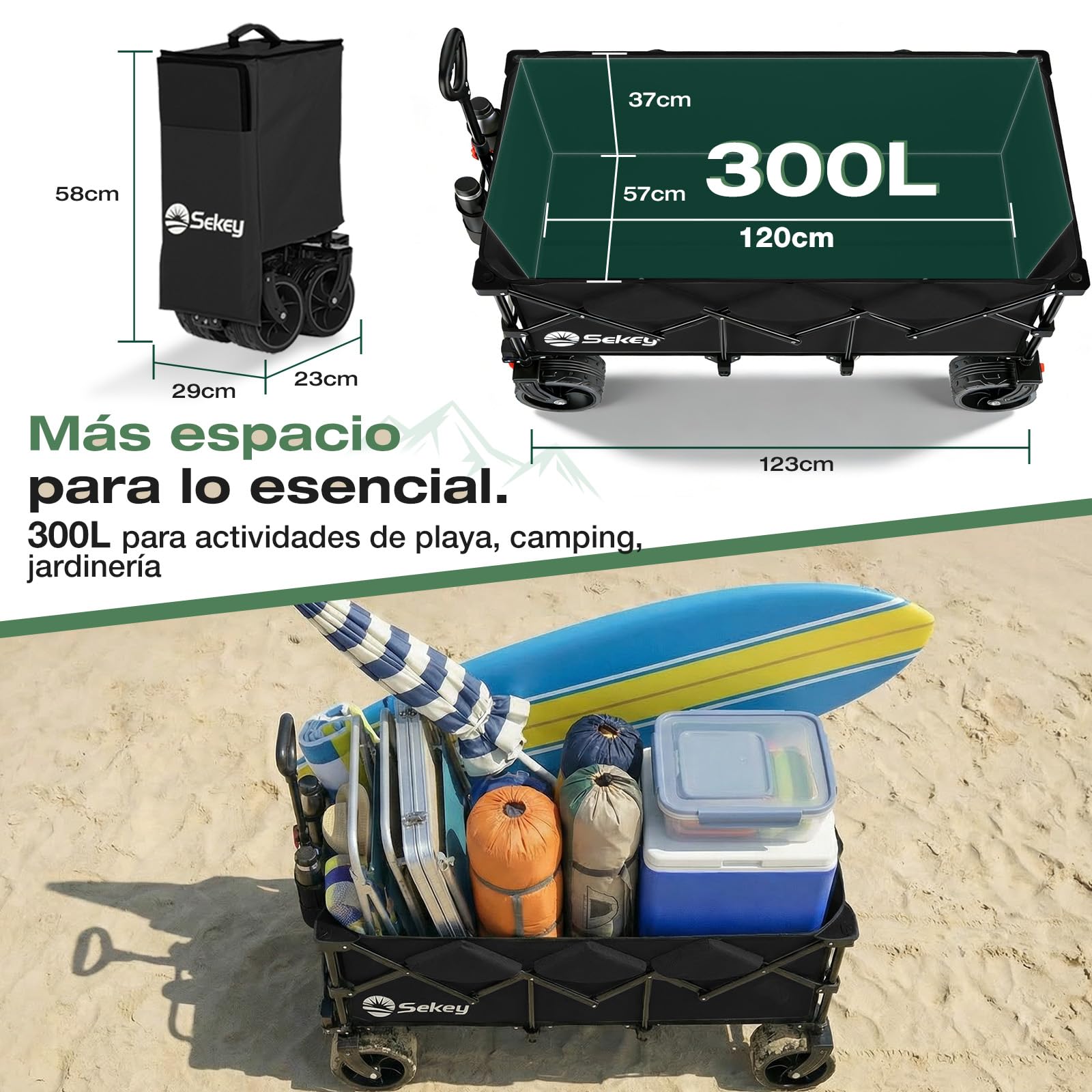 Sekey XXXL Carro Transporte Plegable 300L Capacidad 200KG, Modelo Alargado con Ruedas Todo Terreno 17x10 cm, Patente Sistema 4 Direcciones de Montaje Rápido, Negro
