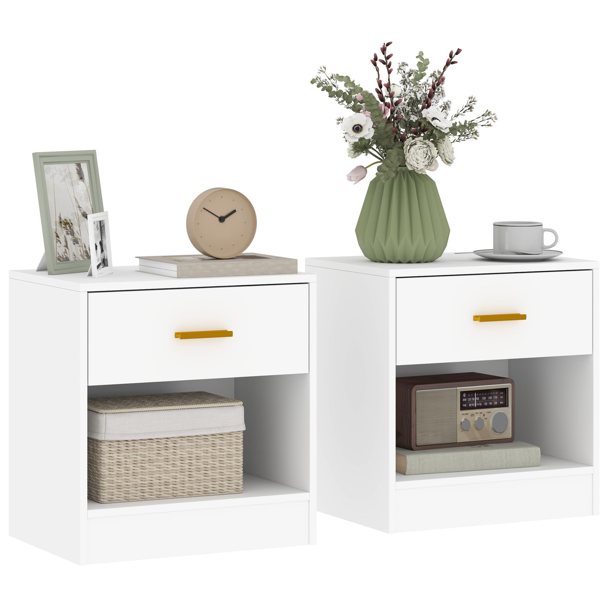 HOMCOM Set 2 Comodini Moderni con Cassetto Truciolato 39x28x41 cm Bianco | Ripiano Aperto, Comodini per Camera da Letto