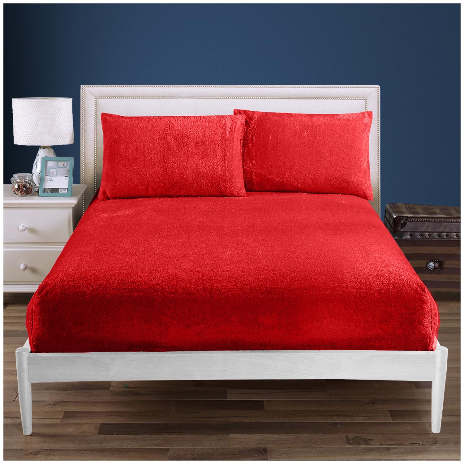 100% Polyester Super King Bottom Sheet, Warm & Cozy Teddy Bear Fleece Fitted Sheet, Easycare Soft Fur Snuggly and Thermal Bedsheet, Easycare Fluffy Warm Bedding, Red