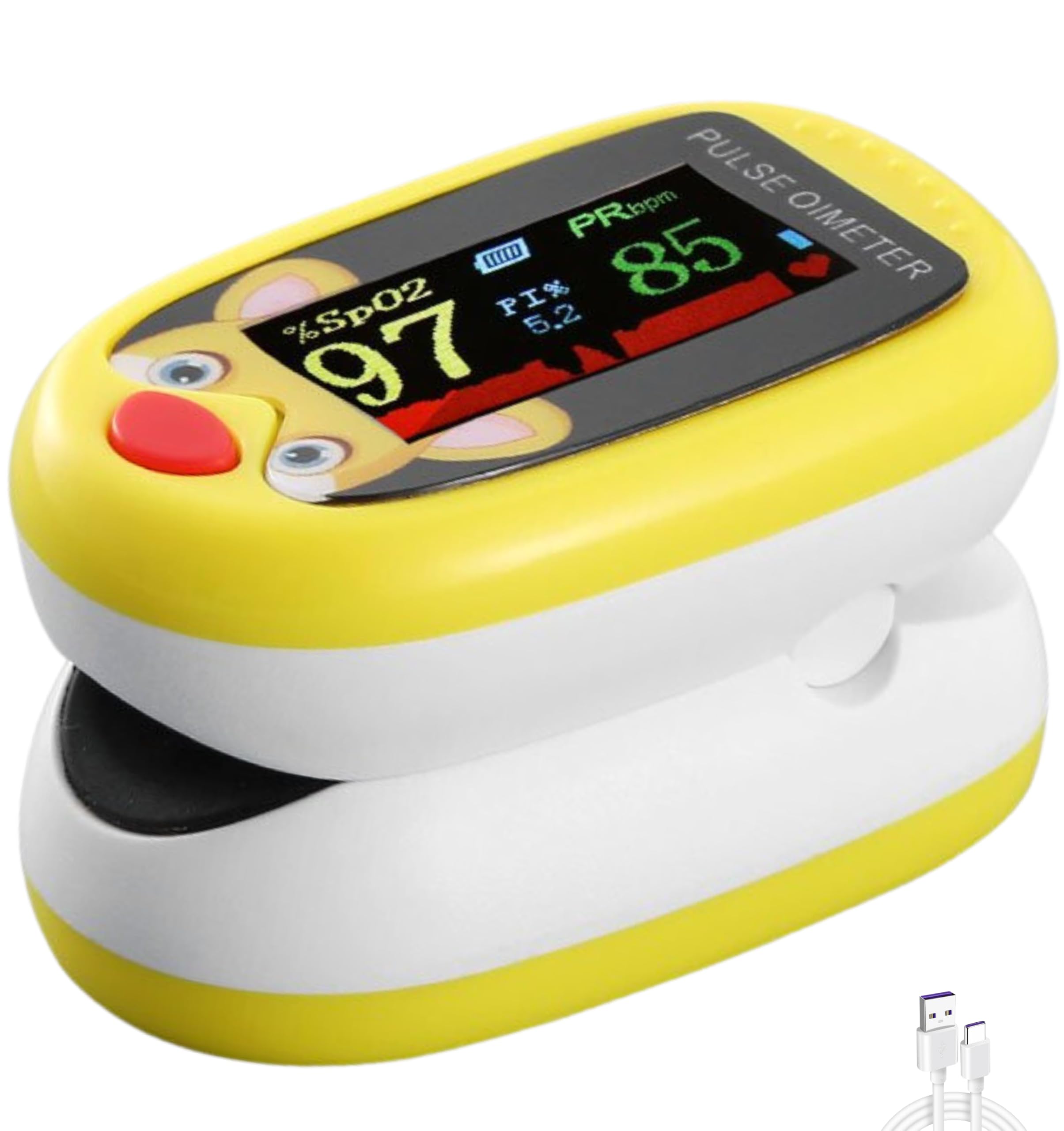 Pediatric Pulse Oximeter Heart Rate Stats Monitor Kids Finger Blood Oxygen Saturation Monitoring NHS Children SpO2 Levels TFT Lanyard & USB (Yellow Kids Pulse Oximeter)
