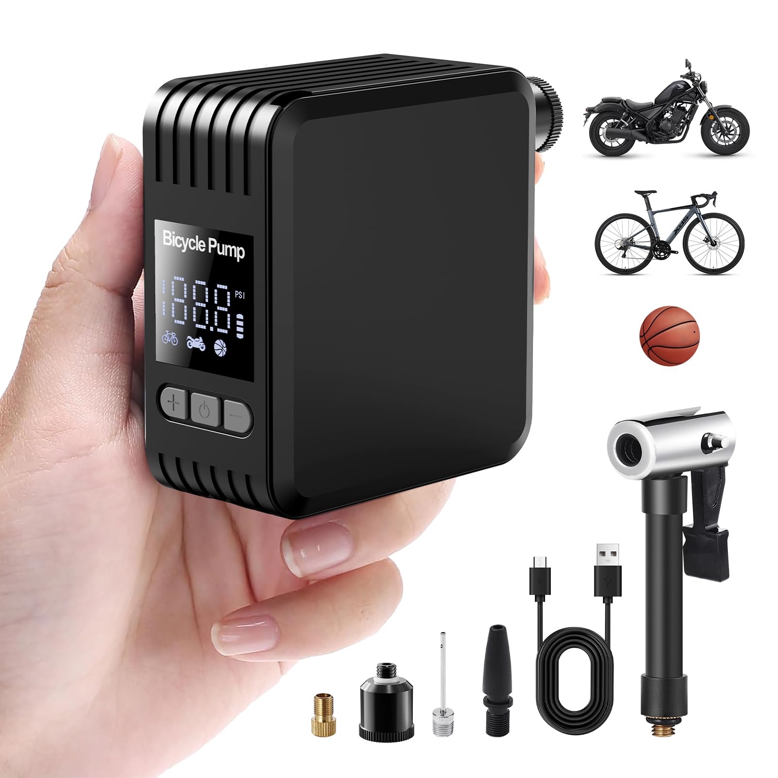 Mini Bomba de Bicicleta Eléctrica, 150 PSI Bomba de Neumáticos Eléctrica Inalámbrica con Manómetro Digital, Bomba Eléctrica para Bicicleta MTB y Carretera, Bicicleta MTB, Motocicleta