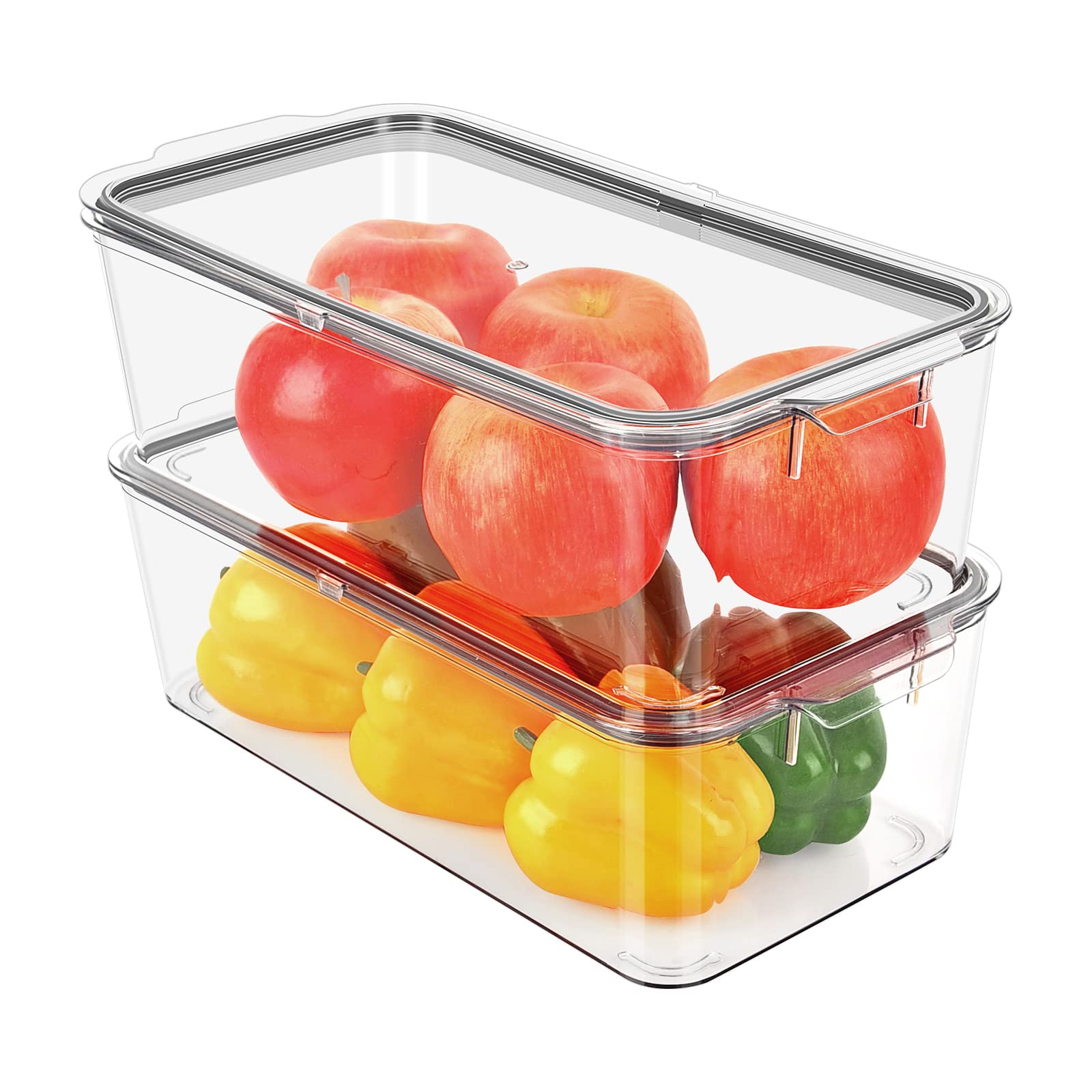 2 Pack Clear Fridge Organizer with Lid, GLSOGL BPA Free PET Food Storage Container for Refrigerator, Leak-proof Freezer Organizer Bins for Kitchen, Pantry, Airtight & Stackable Storage Bins