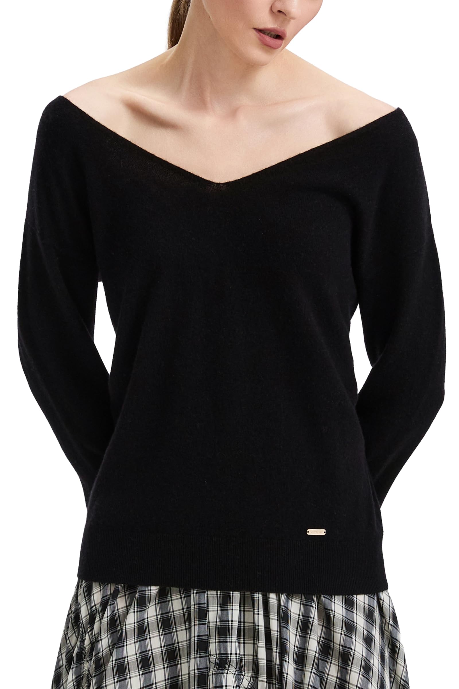 Damen Pullover 100% Merinowolle mit wendbarem U-/V-Ausschnitt | 2-wege,Wendepullover,Elegant,Wollpullover,Off-shoulder,Feinstrick,Langarm,Oversize, Herbst, Winter, Casual,Klassisch oberteil