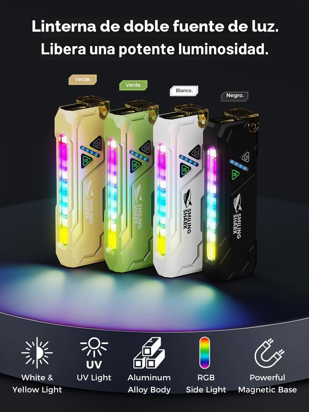 Smiling Shark Linterna ML01, Linterna LED Recargable USB Magnética con Luz Blanca & Amarilla & Púrpura & Luz Lateral RGB Flashlight Compacta Mini con Clip para Camping Senderismo Emergencias (Negro)