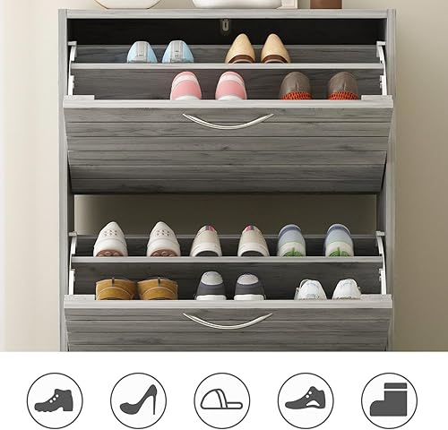 Miniatura 6 de FUFU&GAGA Gabinete de zapatos de madera con 3 cajones abatibles para entrada, gabinete estrecho de almacenamiento de zapatos con 3 cajones Gris
