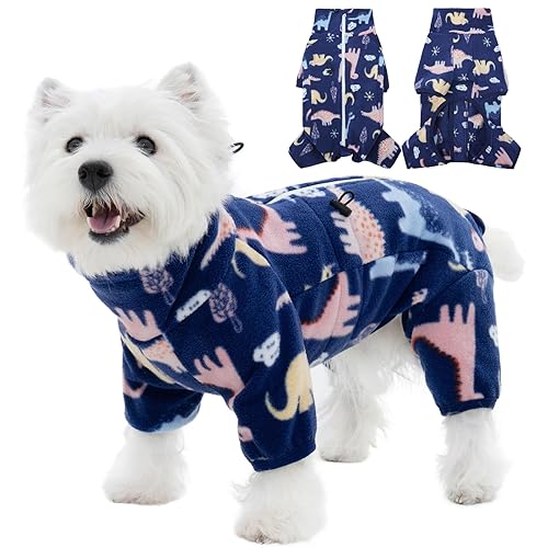 ROZKITCH Dog Winter Coat Soft Dog Fleece Pajamas, Pet Windproof Warm Cold Weather Jacket Vest with Reflective Zipper, Jumpsuit Apparel Outfit Clothes for Medium Dog Dinosaur M - M(Back Length:18") - BlueDinosaur