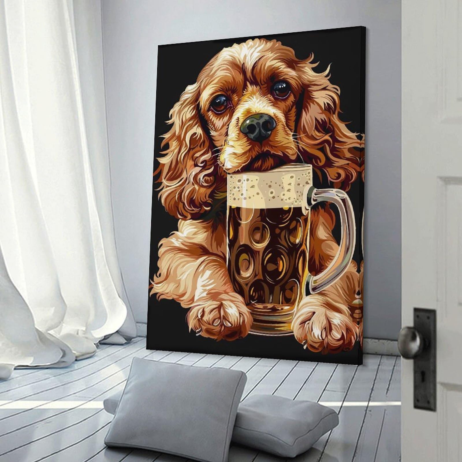Junmoney Cocker Spaniel Beer Hanging Wall Art, 24x36inch(60x90cm), for Gallery Wall Decor And Room Displays, Home Wall Art for Statement Displays