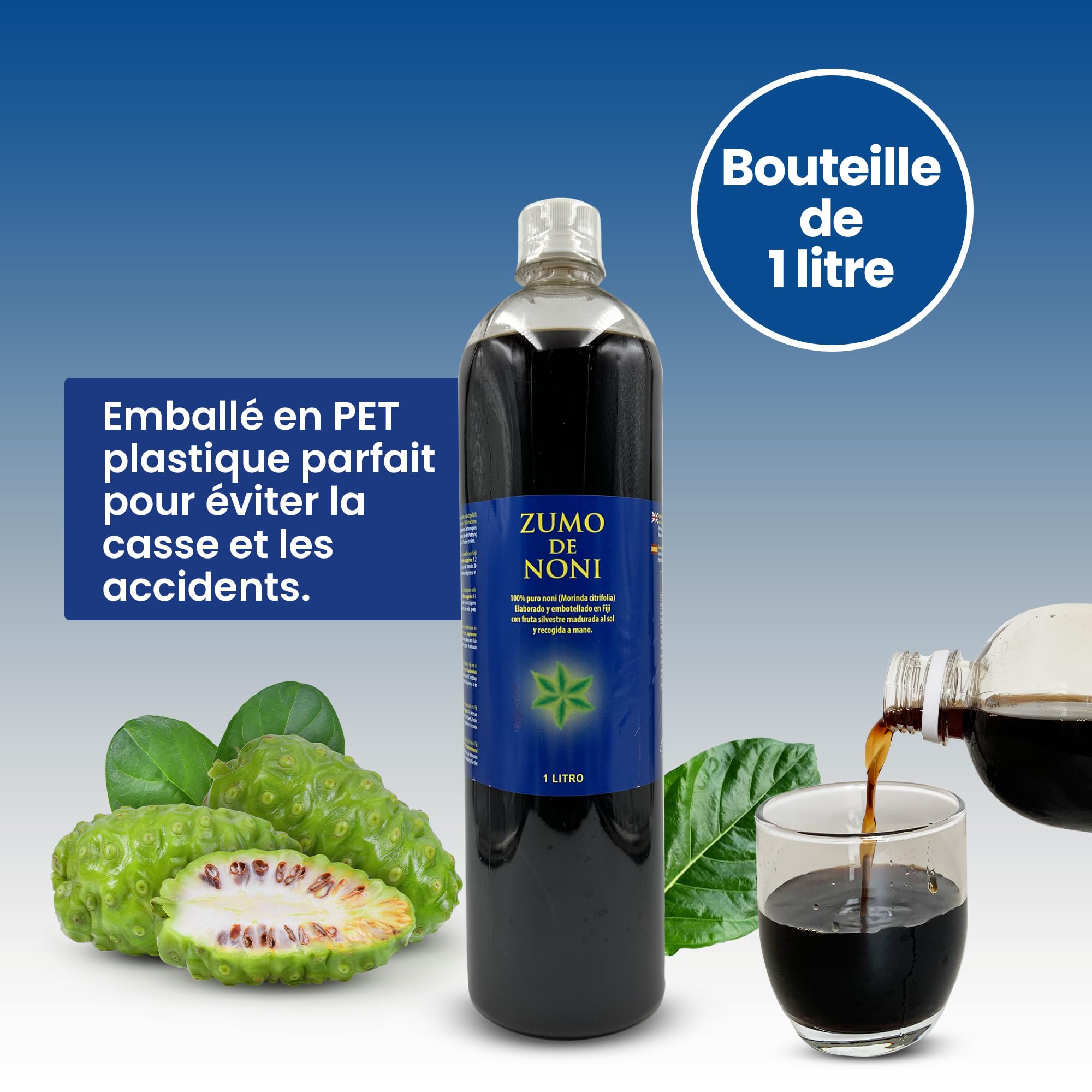 Jus de Noni - 1 Litre. 100% Pur et Biologique sans conservateurs - Aide en cas d'inflammation, de douleur et renforce le système immunitaire.