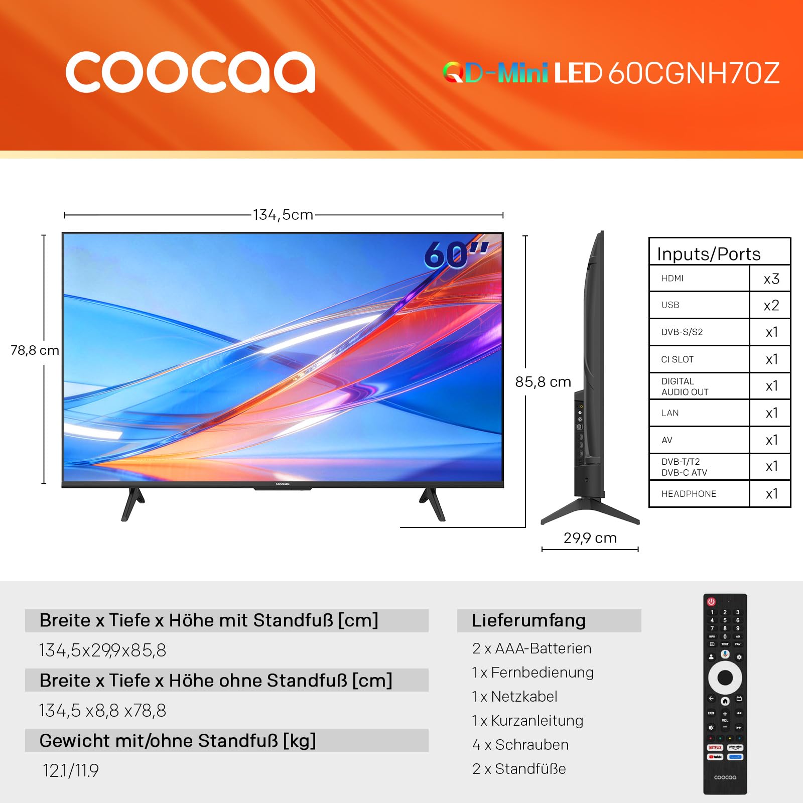 coocaa 60 Zoll Fernseher QD-Mini LED TV, 4K Smart TV mit Google TV, HDR10+, Dolby Vision&Atmos, Local Dimming, MEMC Bewegungsglättung, S AI Prozessor, Triple Tuner DVB-T2/C/S2, 60CGNH70Z (2026)