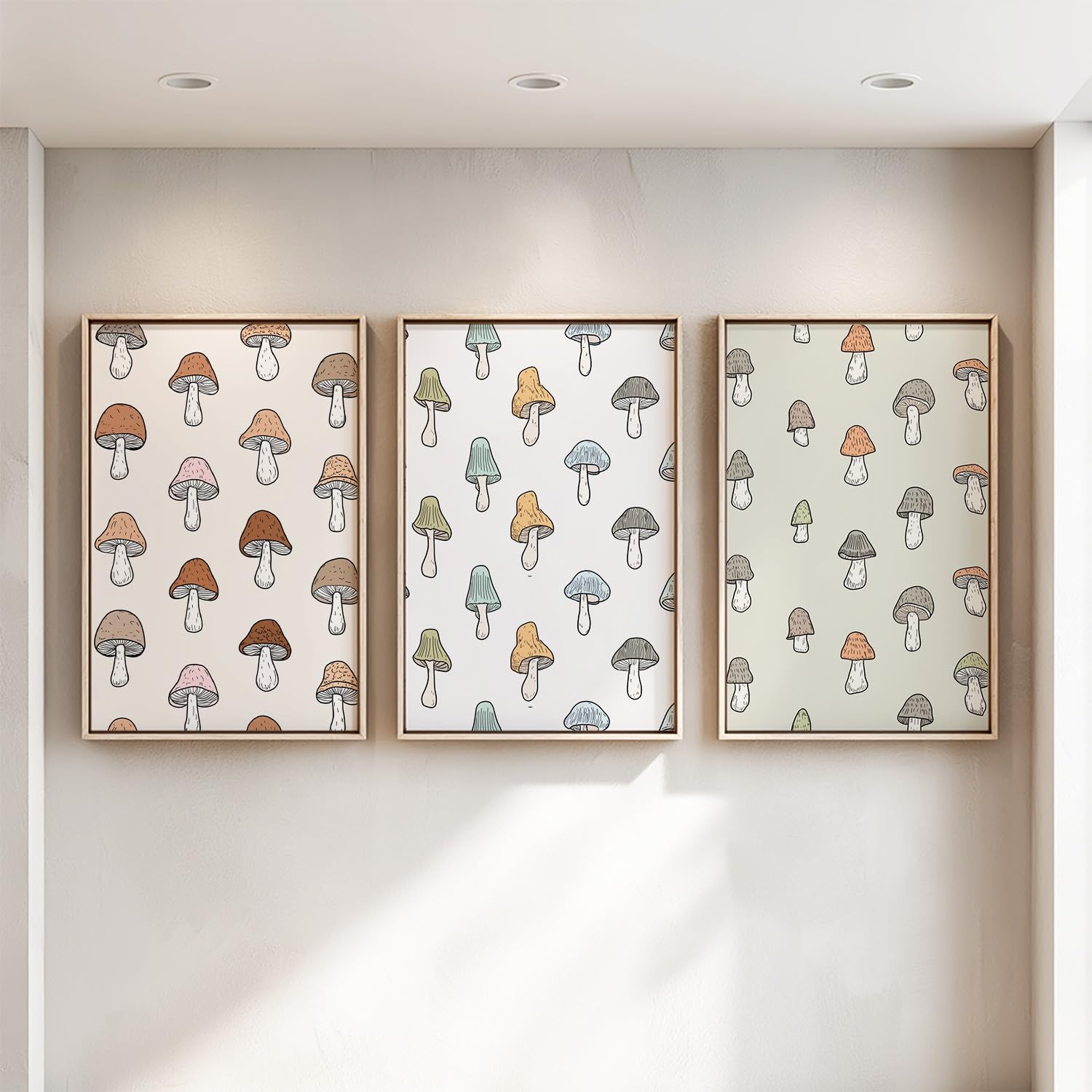 Generisch Minimalistyczne obrazy z kreskówki, rośliny, 3-częściowe, 50 x 70 cm, dekoracja ścienna z beżowym grzybem, naturalny retro, plakat na płótnie, na parapetówkę, urodziny, rocznicę, wspaniała