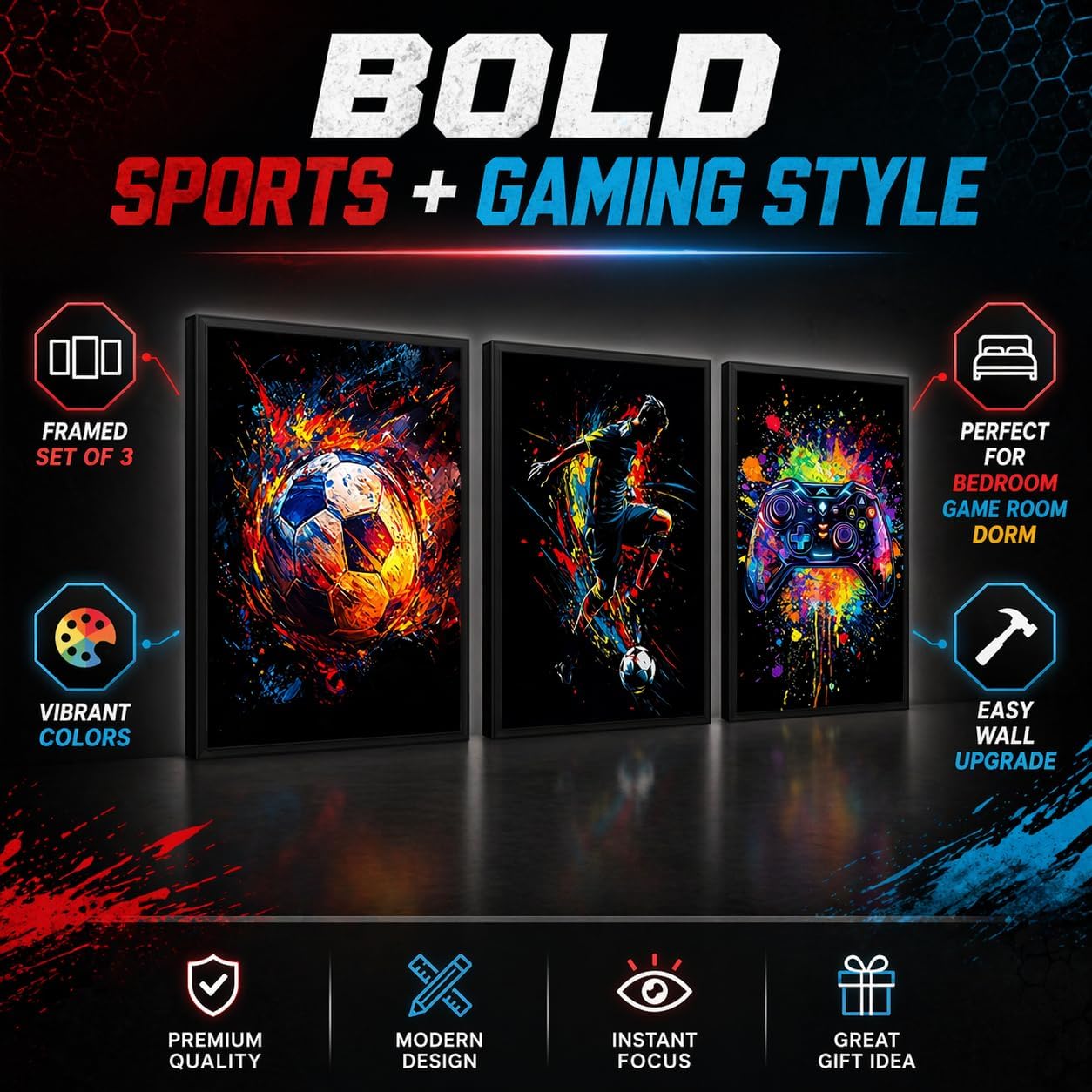 Sports Gaming Framed Wall Art Set of 3, 16x24, Soccer Player Gamer Decor image 4