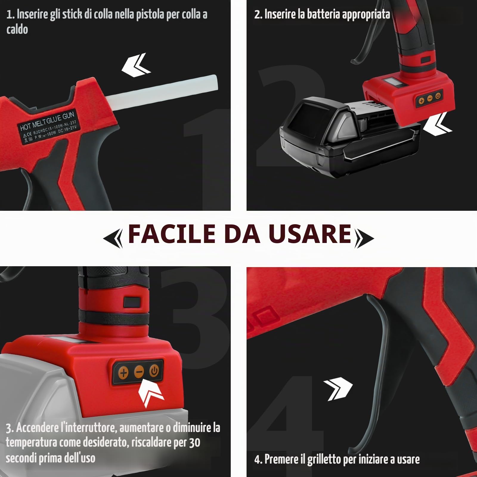 Pistola per colla a caldo cordless da 100 W, per Milwaukee 18 V/21 V batteria, pistola elettrica ad alta temperatura con 10 bastoncini di colla da 11 mm, per fai da te, riparazioni, arte, artigianato