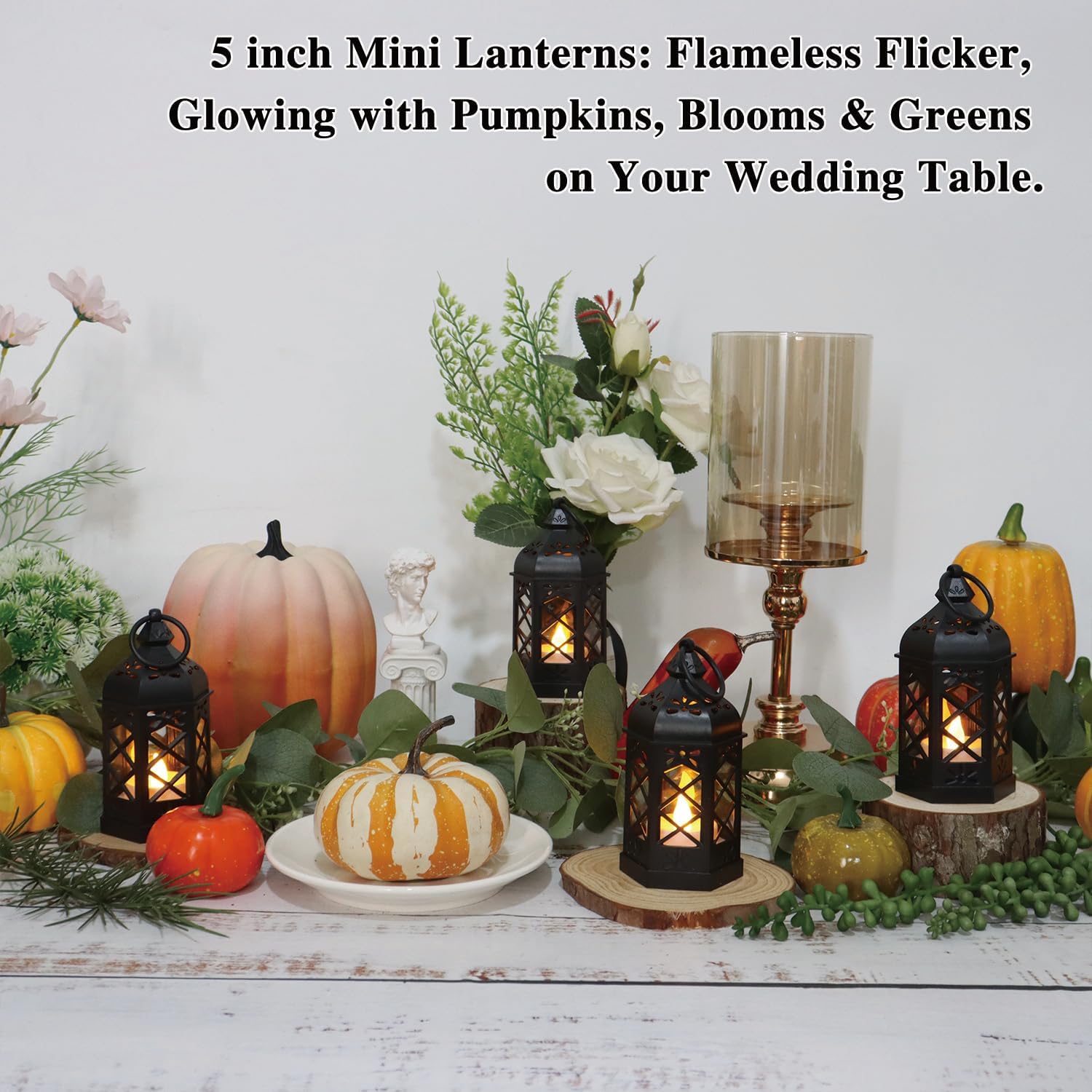 LLQ (8Pack-5Inch) Mini Lantern with Flickering LED Candle for Table Centerpiece, Black Halloween Decorations, Small Hanging Decorative Lantern for Wedding Christmas, Fall Garden Party Decor for Home