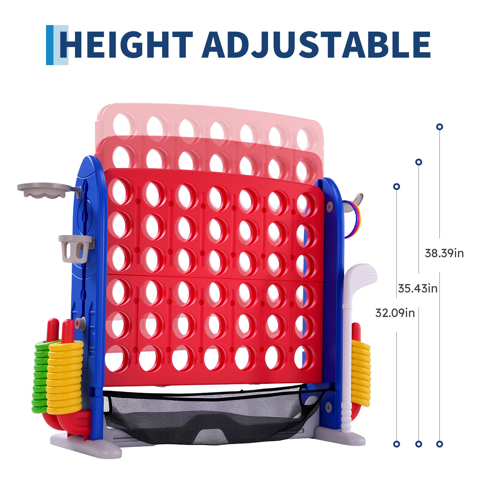 IDEALHOUSE Jeu géant 4-en-ligne portable – Plateau réglable en hauteur – Glissière rapide – 42 anneaux – Pour enfants et adultes, intérieur/extensionérieur, fêtes, famille – Compatible Quatre en ligne