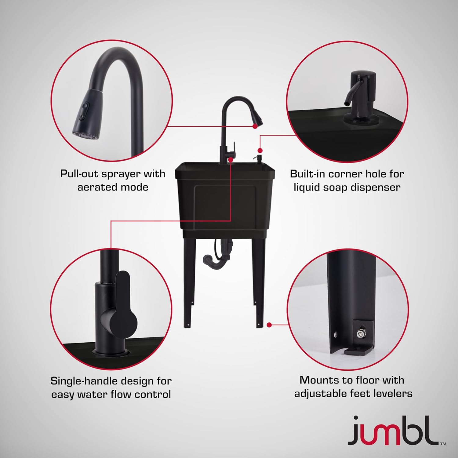 Jumbl Freestanding Utility Sink with Pull-Down Faucet | Laundry Room Tub with Gooseneck Sprayer, Single Handle Flow Control, Soap Dispenser, Drain Plug & Heavy-Duty Iron Legs with Levelers | Black