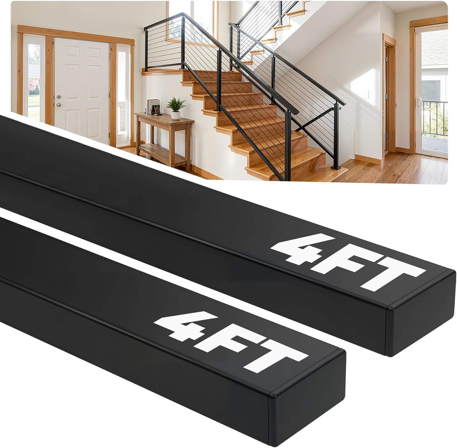 4FT Stainless Steel Black Handrail for Cable Railing System, Rectangular Flat Top Rail with End Caps, Cuttable Deck & Stair Handrail for Indoor Outdoor DIY Balustrade HT07-2 Pack