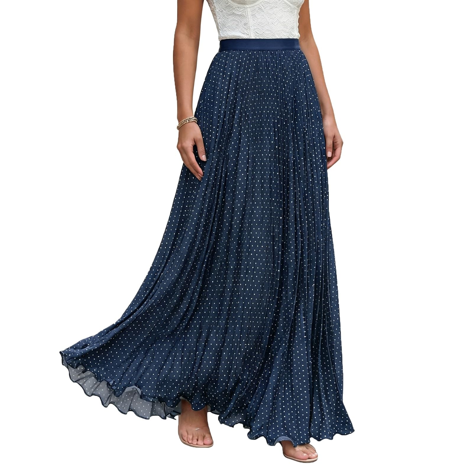 Midi Long Skirt Pleated Women's Maxi Skirts Polka Dot Printed(Blu,M)