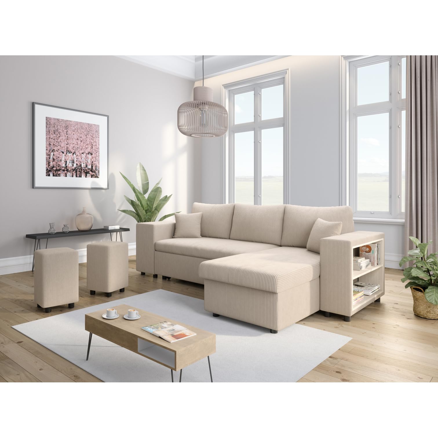 LOUNGITUDE Canapé d'angle Mady Convertible avec Coffre, 2 poufs et étagère en Velours côtelé