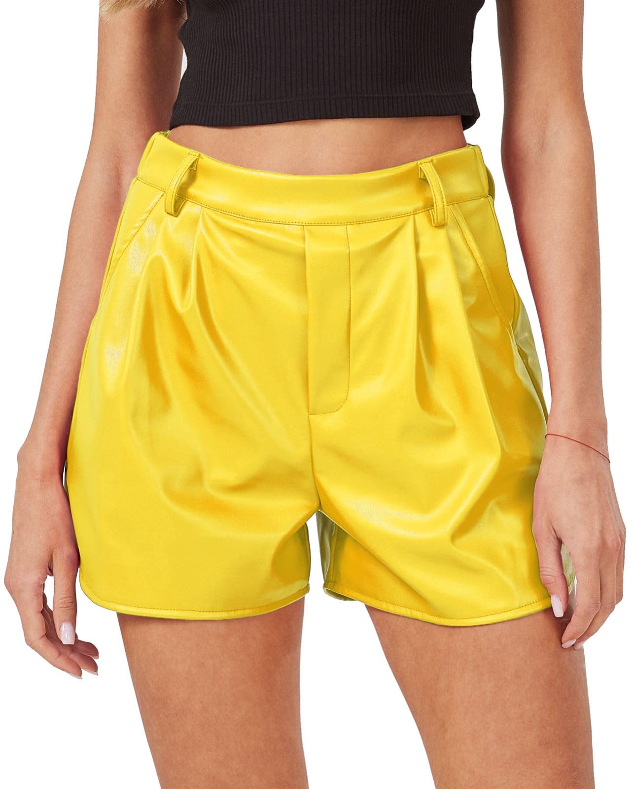 XinYangNi Faux Leather Shorts for Women Pleather Elastic High Wasited Pleated Wide Leg Side Slit with Pockets