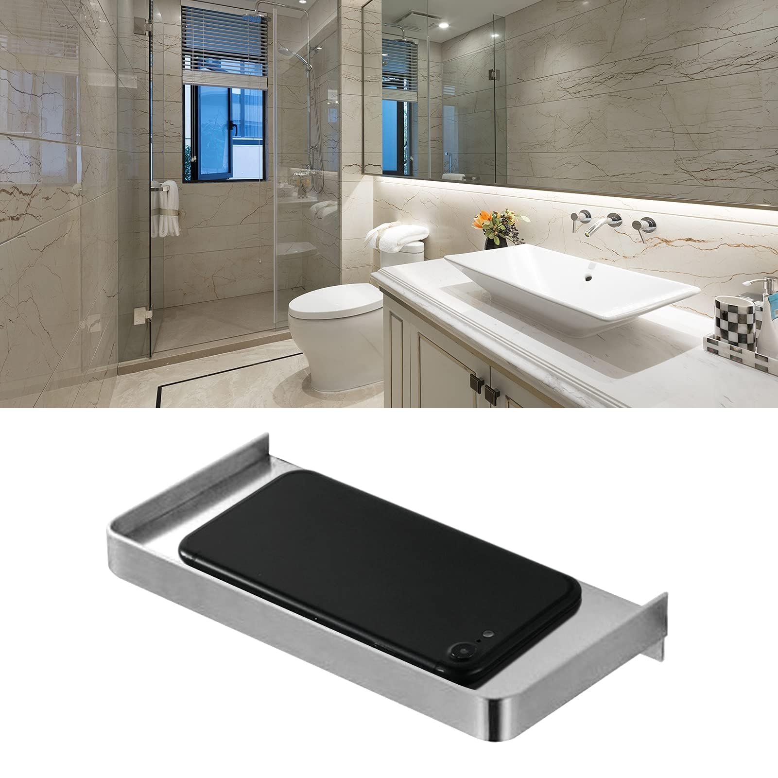 Estantes de pared flotantes, bandeja de baño de acero inoxidable montado en la pared soporte para teléfono móvil baño estante de teléfono inodoro S 7.283x3.543 in (cepillado) 7