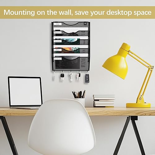 Miniatura 2 de EasyPAG Organizador de archivos de montaje en pared con ganchos para llaves, 5 bolsillos de malla vertical, soporte para archivos de pared, soporte