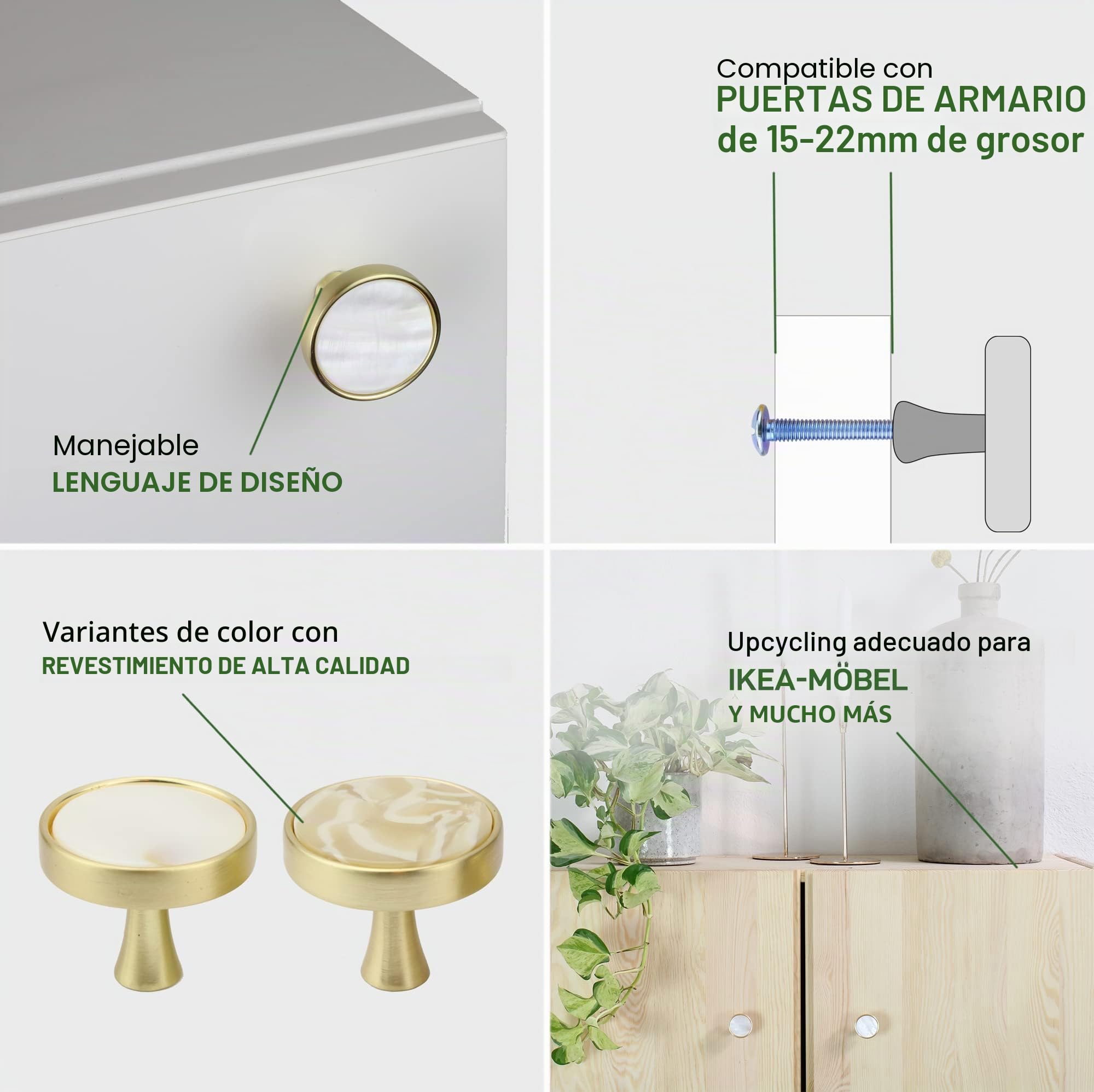 Natural Goods Berlin 10x tirador para muebles PERLE, pomo para muebles, tirador de armario, pomo para cajón, cómoda, aparador, frente de cocina y puerta (Nácar blanco)