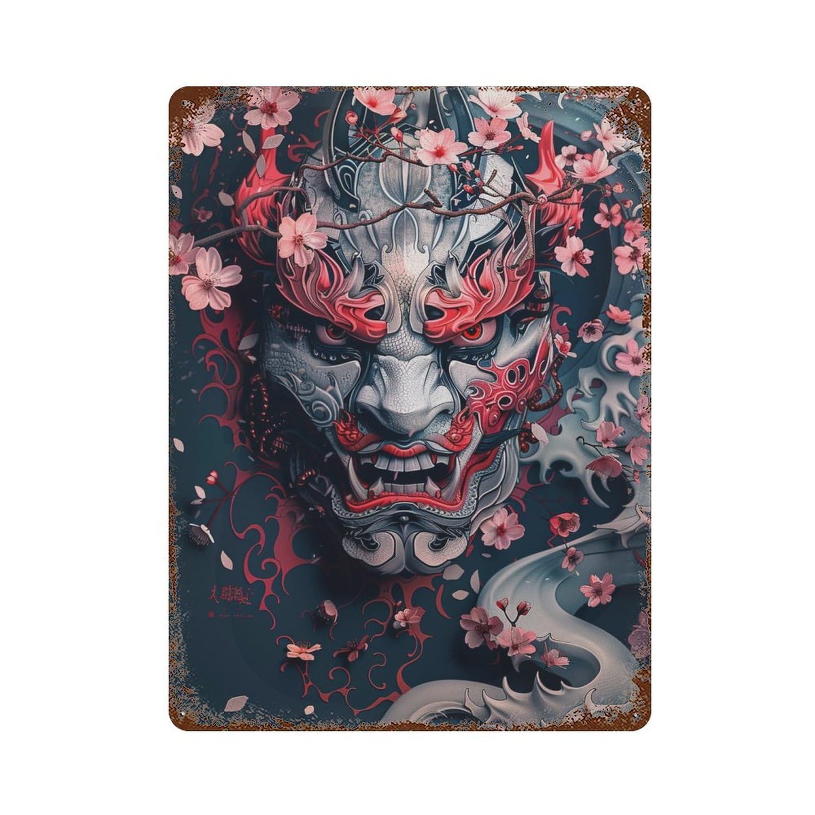 Japanese Demon Mask Art Print-2 Distressed Metal Wall Sign 15.7"x11.8", for Garage, Bar And Workshop Decor, Decorative Metal Wall Art