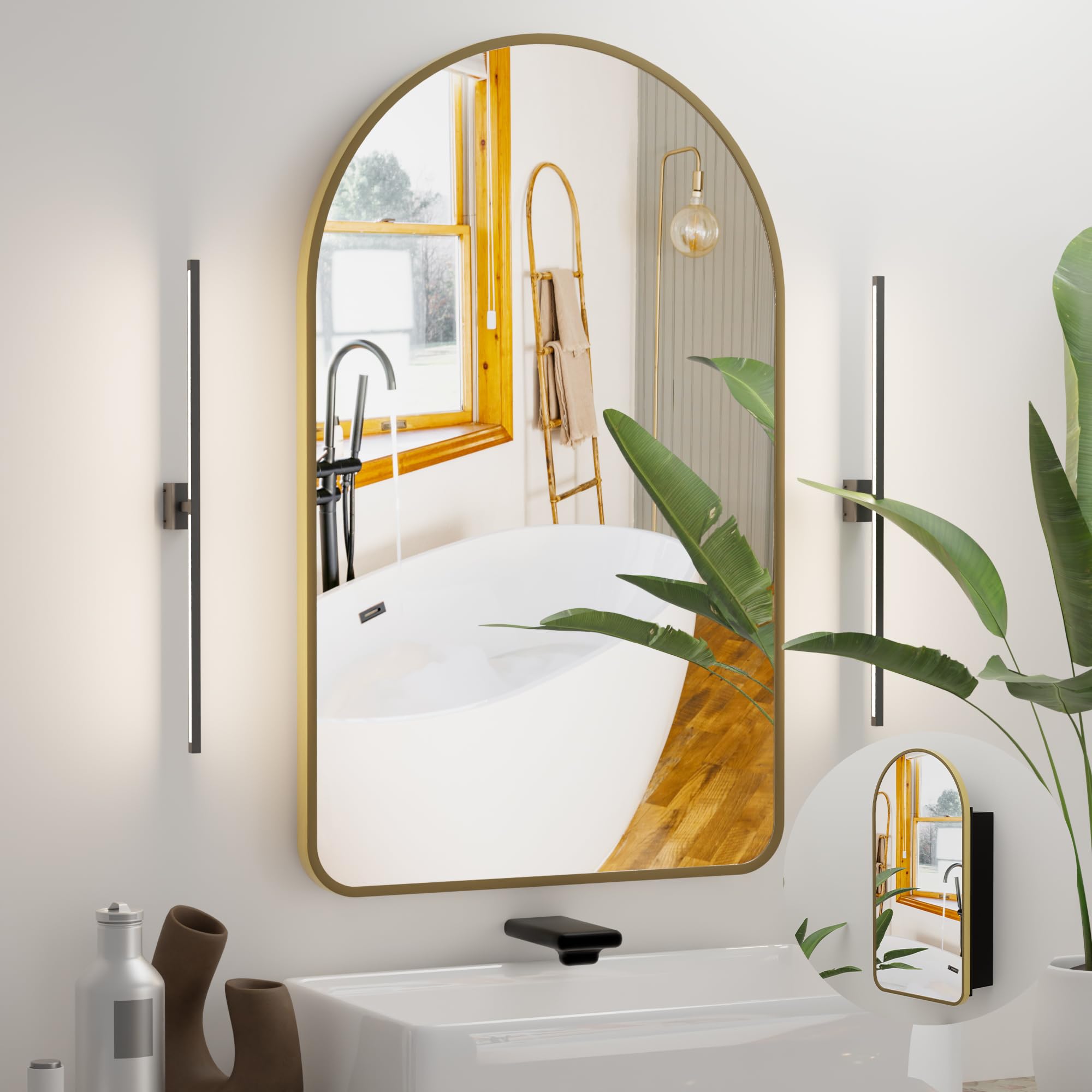 arched bathroom medicine cabinet with mirror, no assembly needed, recessed or surface mount wall storage cabinet, mirror cabinet with tissue slot & 2x magnifying mirror (gold, 36" h x 24" w)