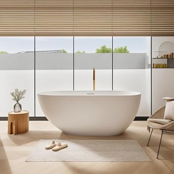 SJ STAR&JANE 59" Matte White Solid Surface Freestanding Bathtub, Oval Soaking Tub with Overflow and Pop-up Drain for Bathroom