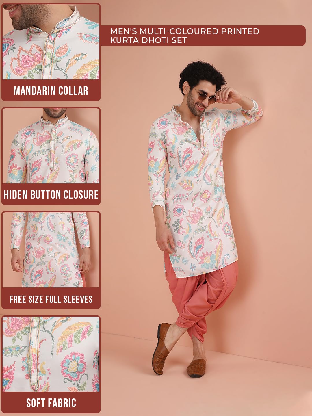 Kisah Mens Printed Cotton Blend Kurta - Traditional Ethnic Wear Kurta For Men For Weddings & Festivals, Multi, 44 Multicolour