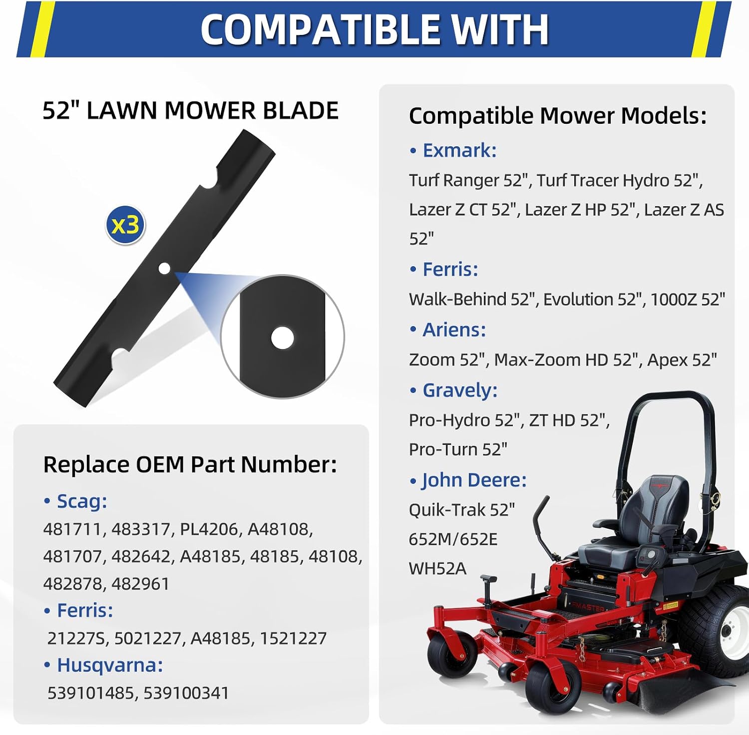 GICOOL 482878 Mower Blades for Scag Tiger Cub Wildcat Turf Tiger 36'' 52'' Deck Lawn Mower Replace Ferris 21227S 5101756s 5021227 Scag 482462 481711 48108 Encore 481707(3 Pack)