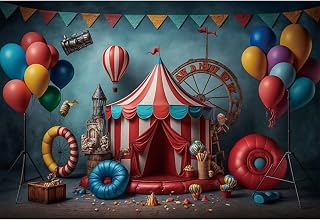 YongFoto 3,5x2,5m Zirkus Fotografie-Hintergrund Rotes Zelt Dreieckige Flagge Ballon Bühne Jahrgang Fotohintergrund aus Vinyl für Kinder Karnevalsnacht Geburtstagsparty Fotoshooting-Studio-Requisiten