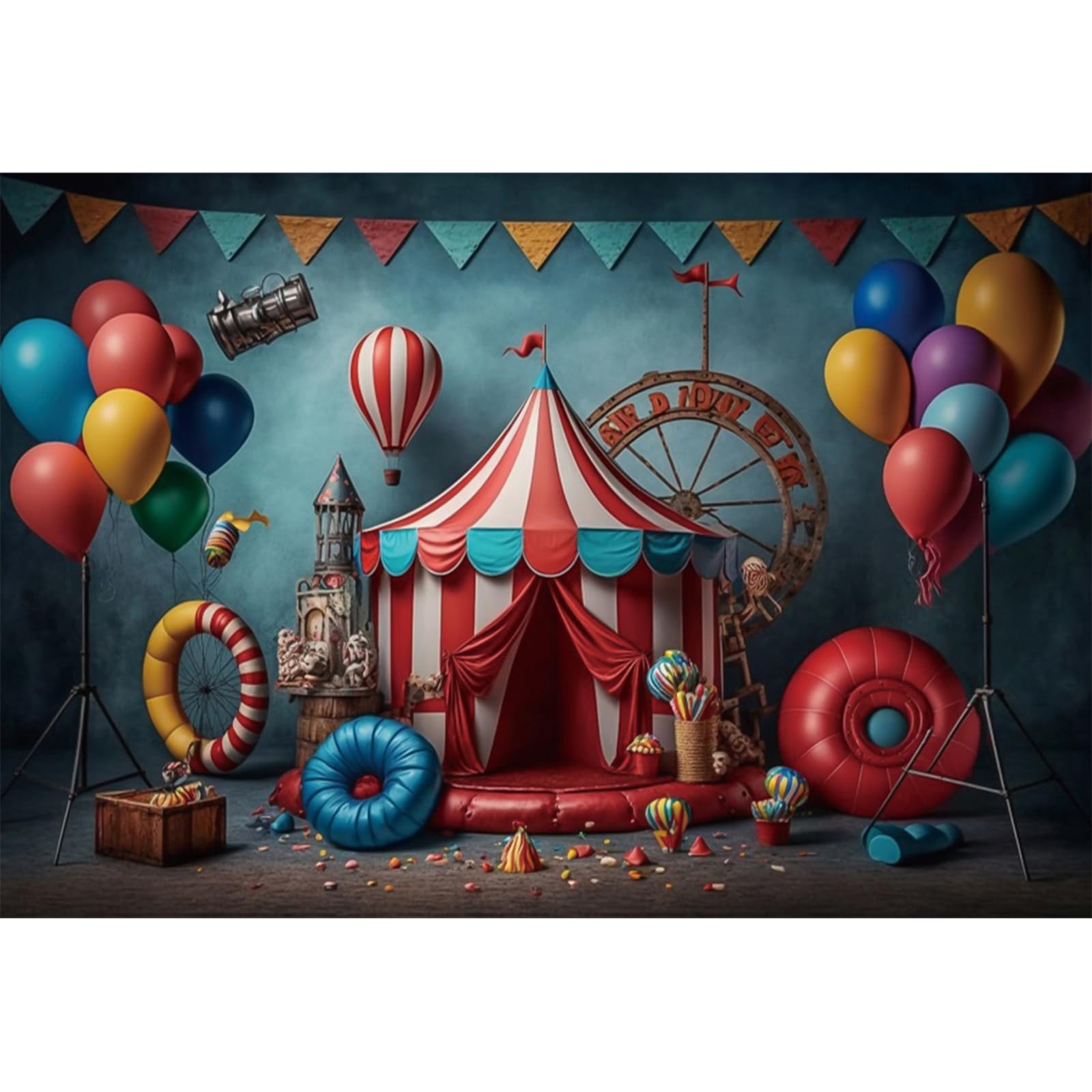 YongFoto 4,5x3m Circo Sfondo fotografico Tenda Rossa Bandiera Triangolare Pallone Stage Vintage ▾ Foto sfondo per bambini Notte di Carnevale Oggetti di scena per servizi fotografici in studio