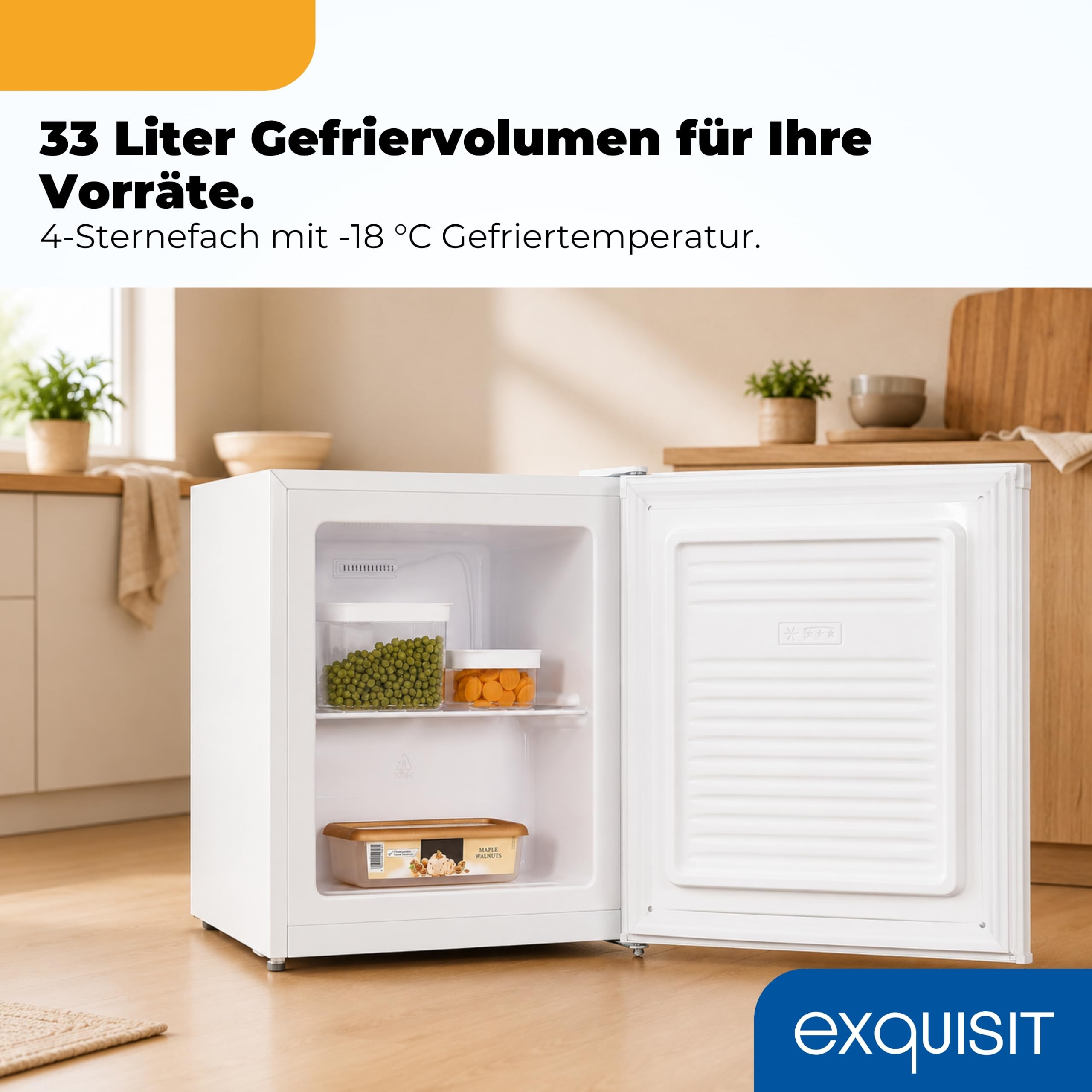 Exquisit GB505-040E Mini Gefrierschrank - 33l Tiefkühlschrank Weiß | 4 Sterne Fach - 2,4 kg Gefriervermögen - Leise 40dB - Wechselbarer Türanschlag - Maße 51 x 44 x 47,5 cm - Kleiner