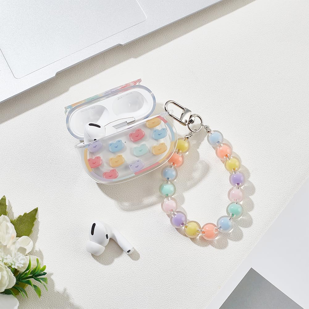 PLIGREAT Iridescent Bear Clear Cover Case for Airpods Pro Cute Cover with Round Bead Bracelet Keychain Fashion Colorful Pendant Protective Case for Airpods Pro - Image 4