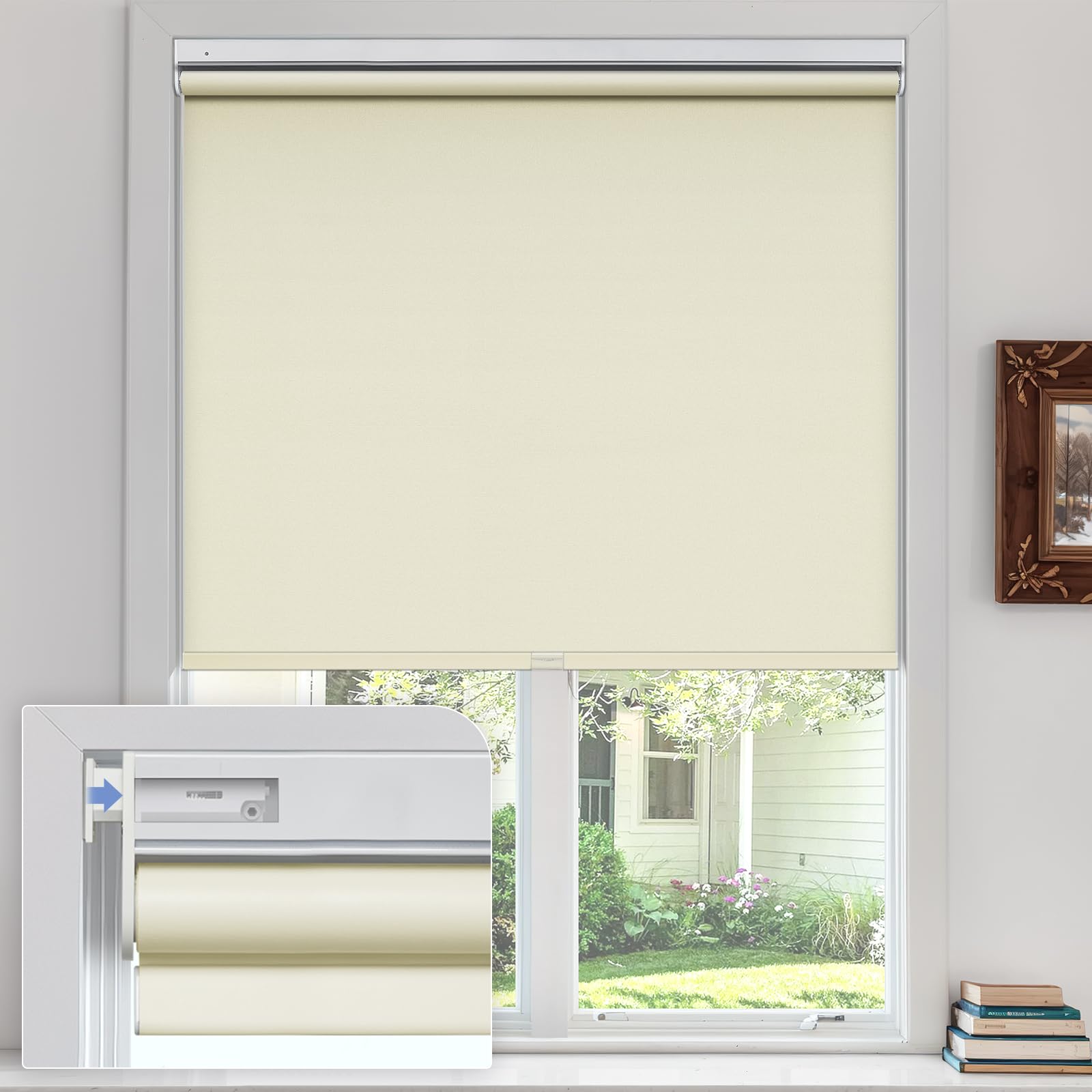 Keego Blackout Roller Blinds for Windows, No Drill Cordless Blind Easy Fit Room Darkening Shades Trimmable UV Protection Thermal for Home Office (Blackout - Apricot Cream, 150cm W x 165cm H)