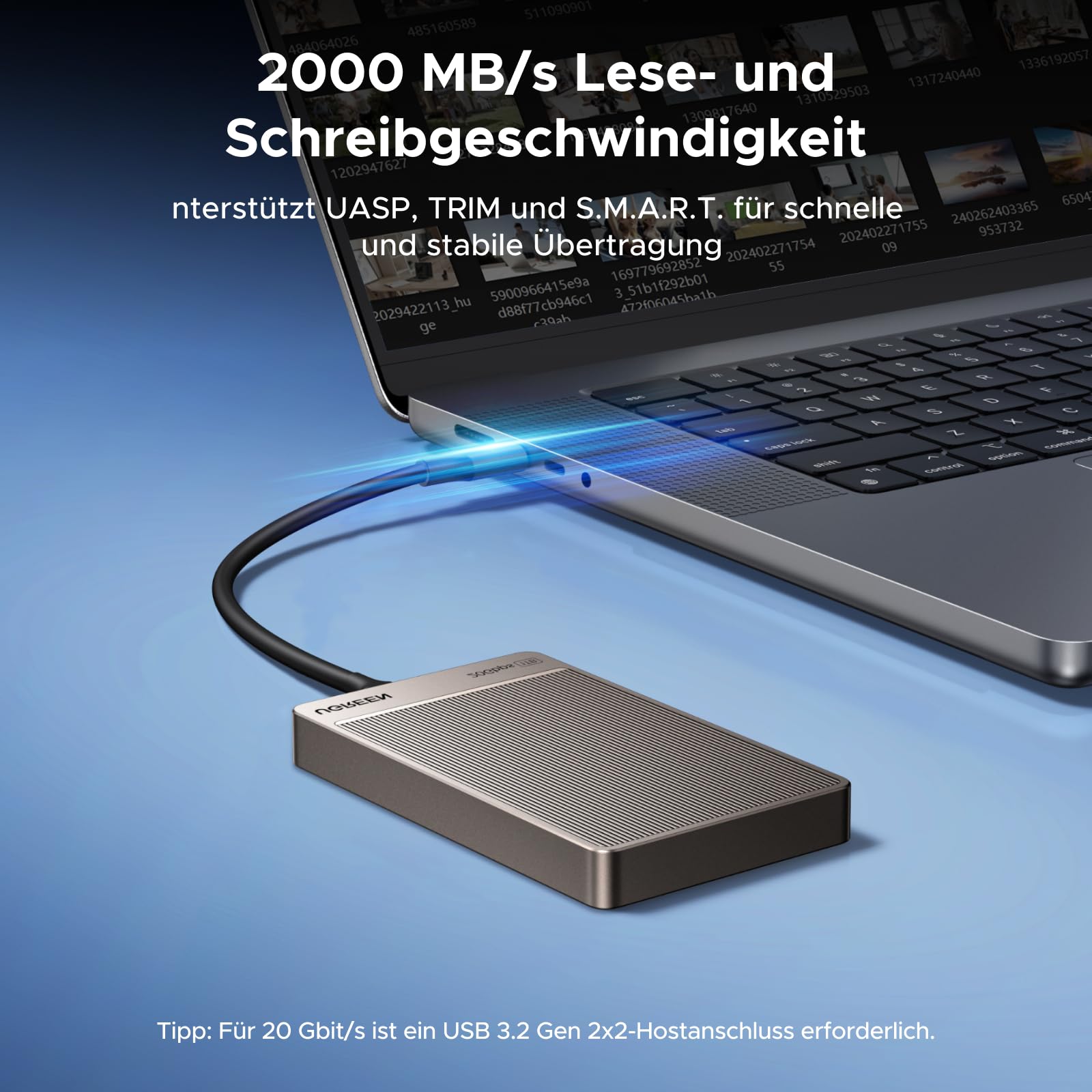 UGREEN Extreme Portable SSD 1 TB, 2.000 MB/s Lesen, 2.000 MB/s Schreiben, USB 3.2 Gen.2x2, Externe Festplatte für Mac, PC, Smartphone, Kamera und MU-PG1T0B/EU