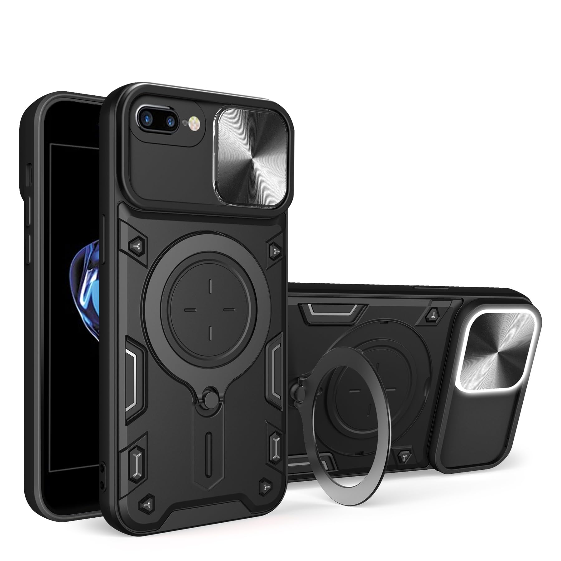 CYXHCJYH Case for iPhone 7 Plus/8 Plus, Heavy Duty Shockproof Cover with 360° Rotatable Magnetic Kickstand and Slide Camera Lens Cover Case for iPhone