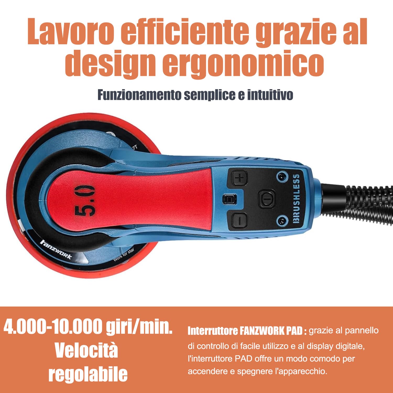FANZTOOL Levigatrice Orbitale Senza Spazzole, 5,0 mm Levigatrice Rrotorbitale, 350W Casuale Brushless, 7 Velocità, 18 Dischi Abrasivi a Rete,Platorello 150 mm, Valigetta.Ideale per la Levigatura