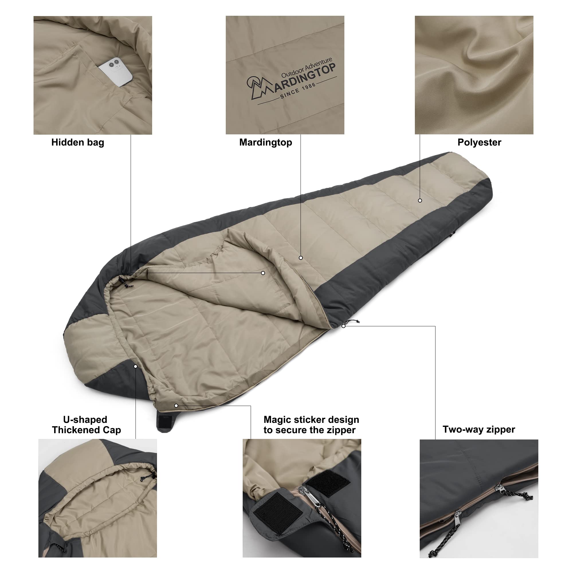 Mardingtop Sac de couchage extérieur -5 °C - 15 °C Warm Mummy Sac de couchage adulte pour le camping, les voyages et les activités de plein air
