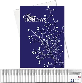 Happy Holidays Cards for Business & Family Snowy Branches Bulk Greeting Card Set Pack of 25 Christmas Cards with Envelopes 5x7 inch - A7 Great for Office, Work, Employees & Clients H1101