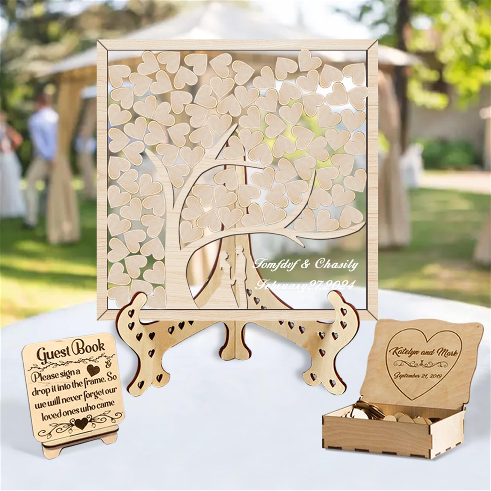 Libro de invitados personalizado con árbol de hojas para boda, silueta de pareja, caja de regalo 3D, árbol genealógico, libro de invitados rústico, libro de firmas de boda para aniversario, boda,