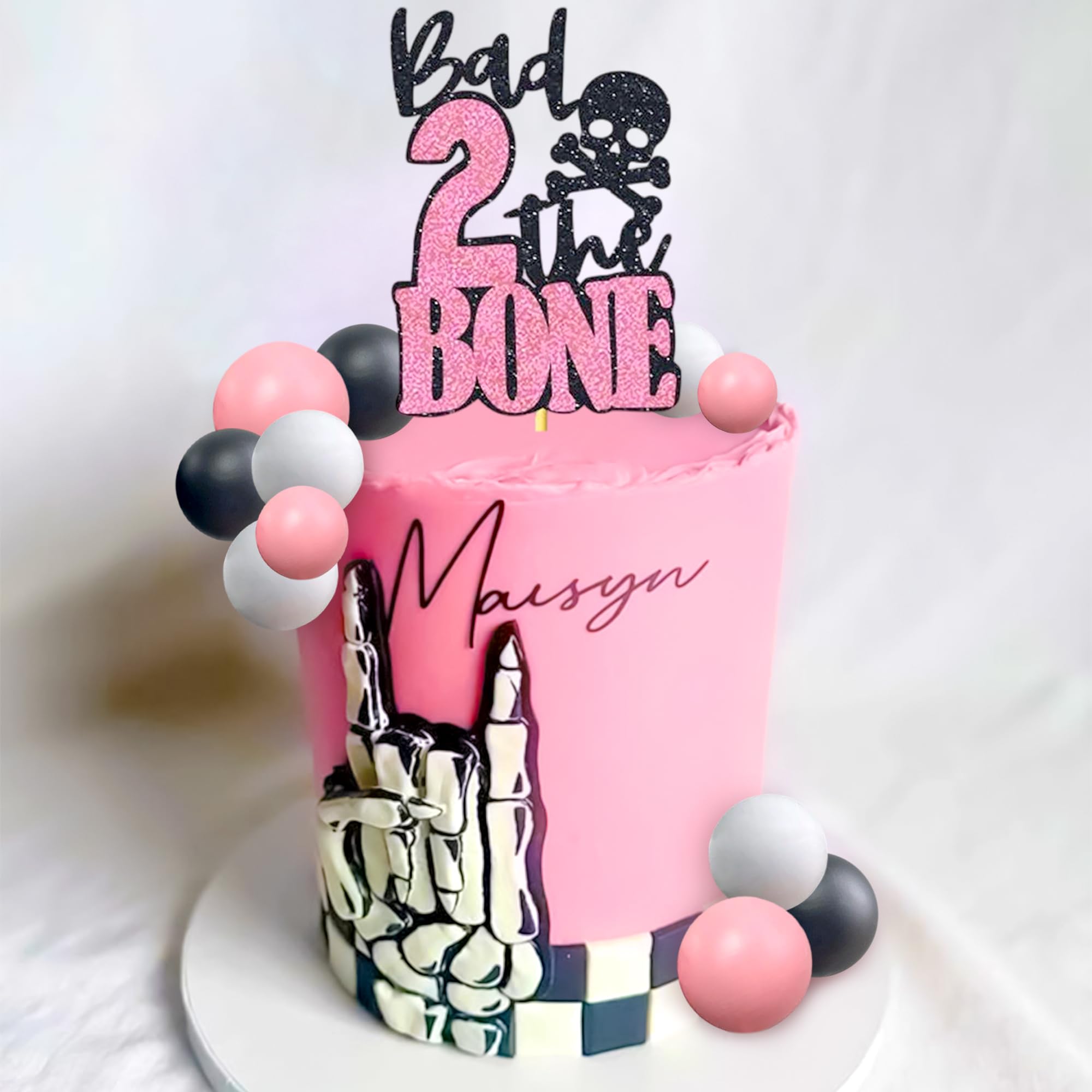 Pink Bad Two the Bone Party Decorations Cake Topper Rock And Roll 2nd Birthday Party Decorations Cake Decor for Rock Music Theme 2 Year Old Birthday Party