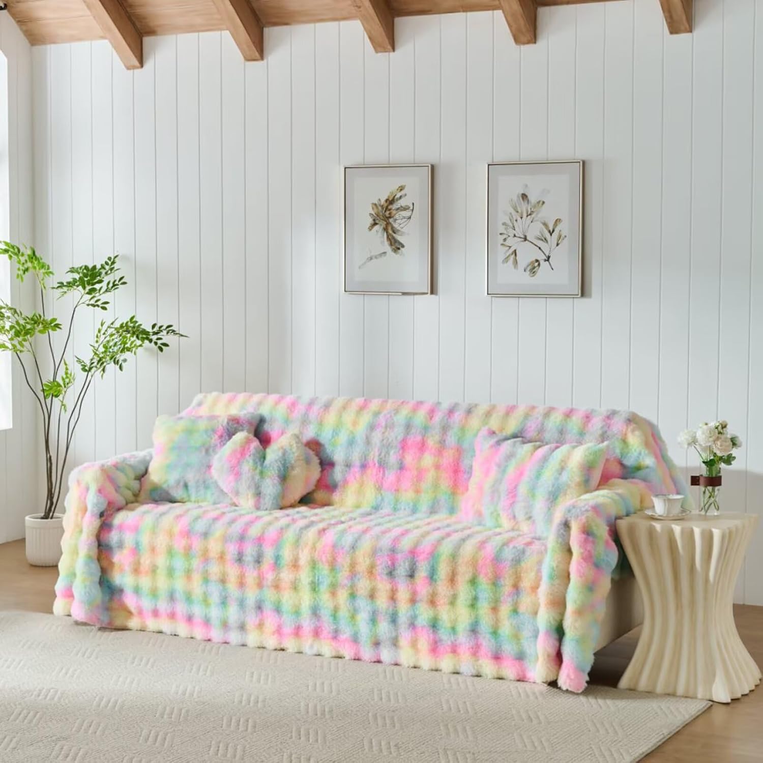 3D Bubble Mat Faux Fur Couch Cover,Thick Faux Rabbit Fur Couch Cover,L Shaped Sofa Slipcovers for Home Decoration and Dogs,Cats(Rainbow, 71" x 134")