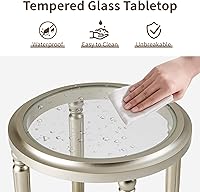 Vista 5 de SUNBURY Mesa auxiliar moderna con parte superior de vidrio templado y estante inferior de vidrio, mesita de noche pequeña de MDF para sala de estar