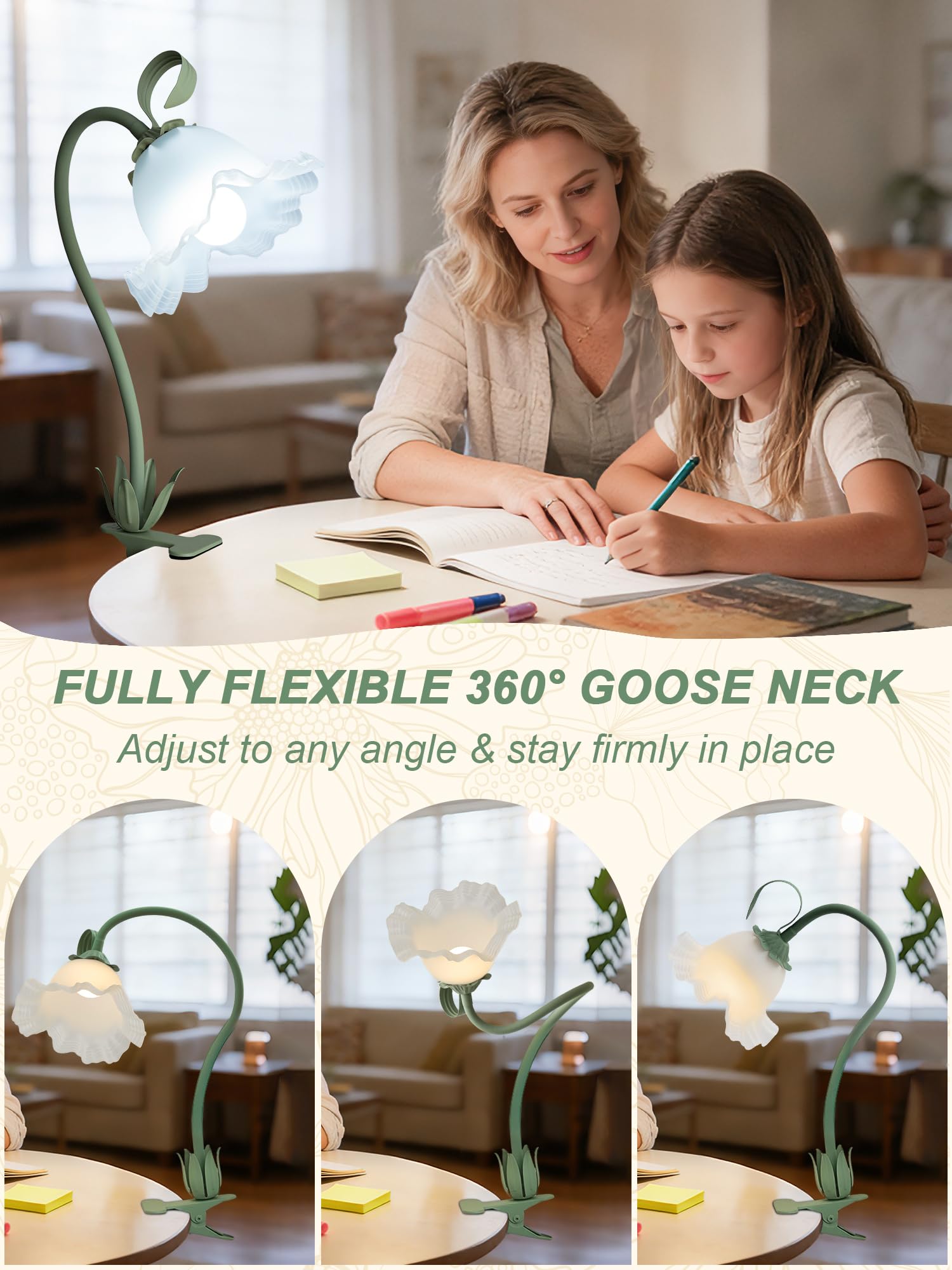 Lámpara de escritorio de flores con clip, luz LED de lectura para el cuidado de los ojos con 3 modos de color, cuello de cisne flexible con clip en la mesita de noche para camas, cabecero, mesa