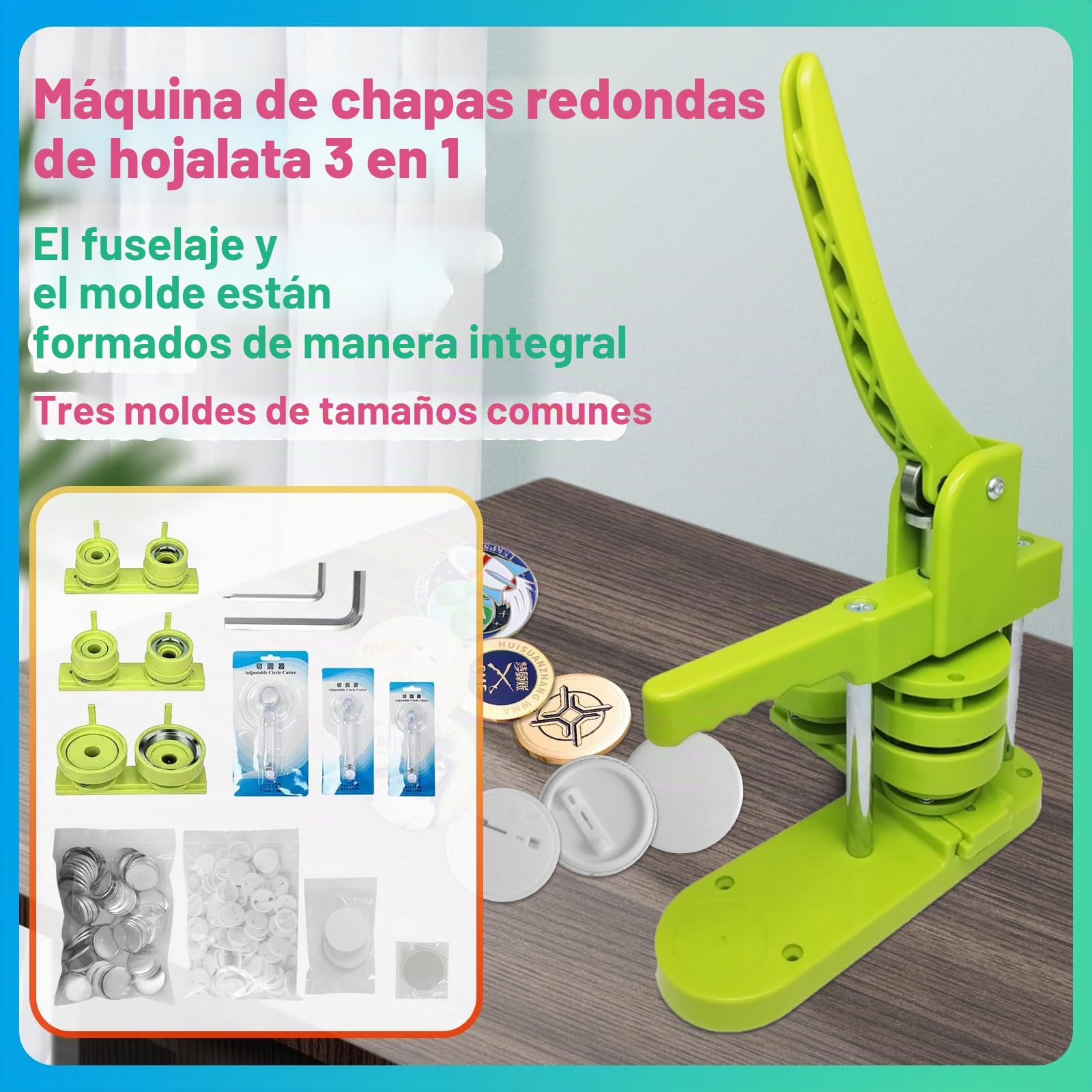 Máquina para Hacer Botones, 58mm/32mm/25mm DIY Fabricante de Pins y Distintivos Prensa de Troquelado Sin Instalación con 300 Piezas de Botones (Verde)