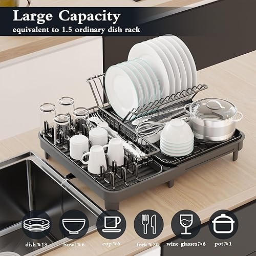 Miniatura 2 de YEPATER Escurridor de platos extensible, escurridor de platos grande con escurridor, soporte para tazas, organizador de cajones de cubiertos,